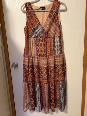 Chiffon Boho Patchwork Tiered Sequined Lined Midi Dress in Rust Mix Size 14